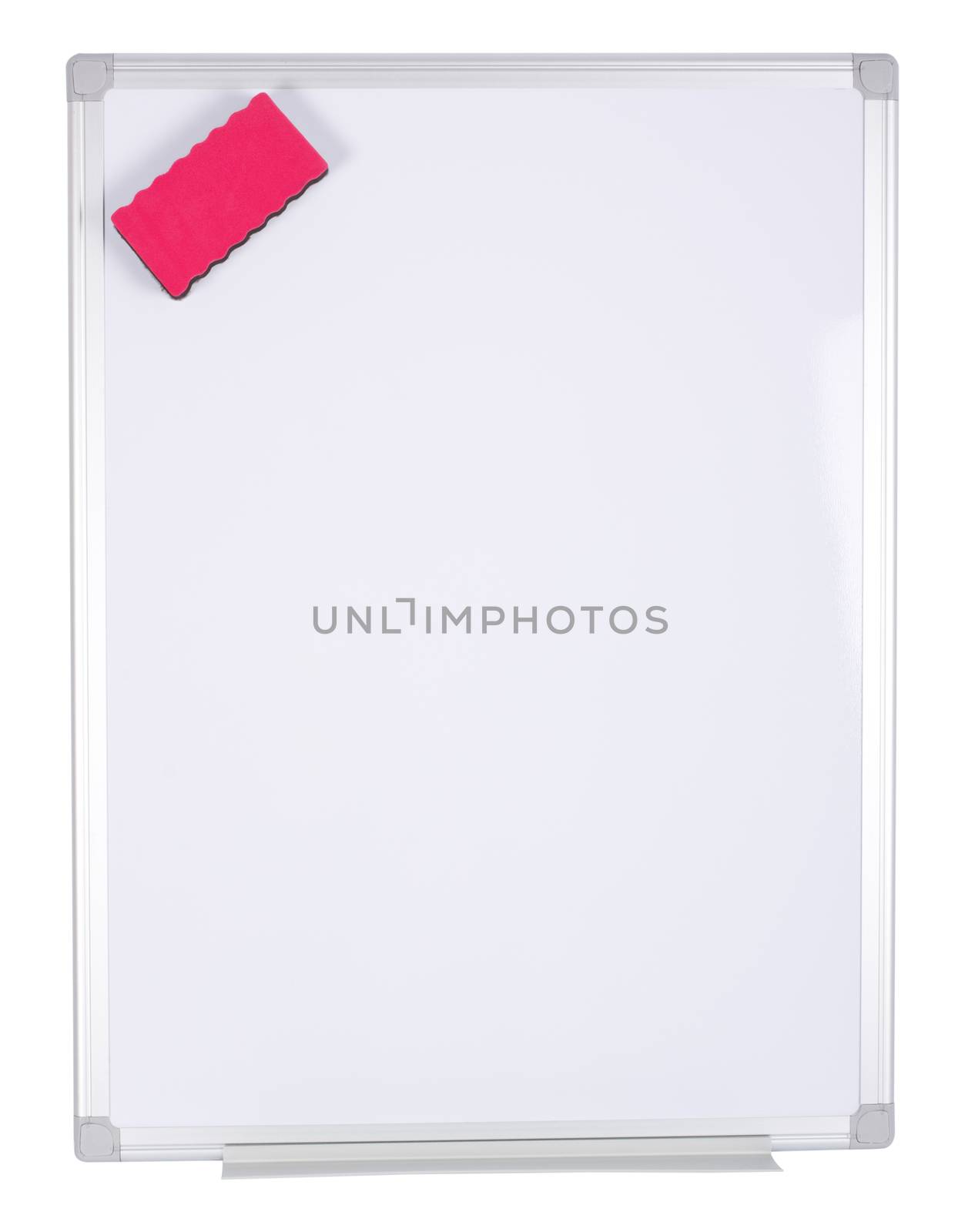 Whiteboard with magnetized red eraser isolated on white background.