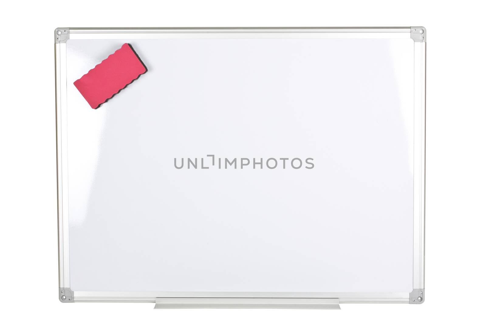 Whiteboard with magnetized red eraser isolated on white background.