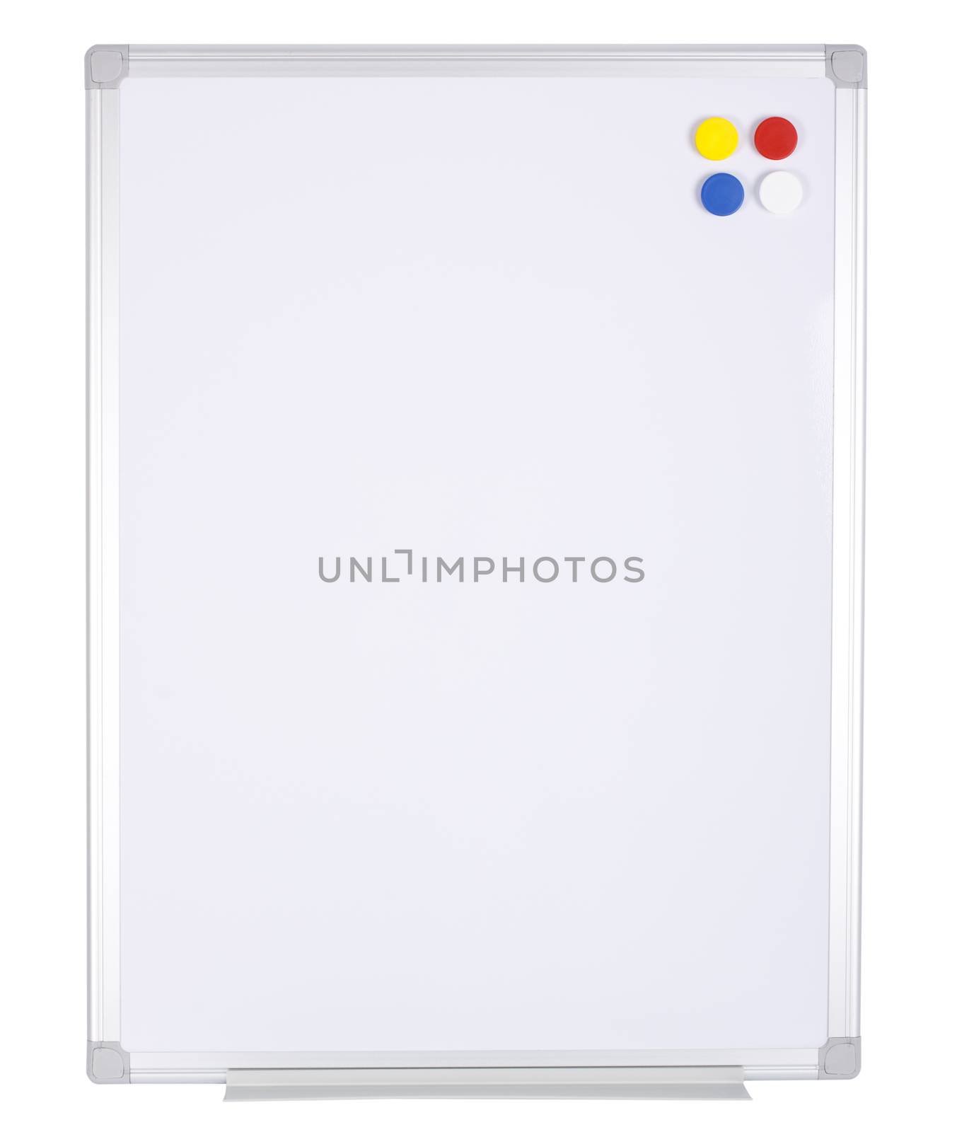 Whiteboard with magnetized color buttons isolated on white background.