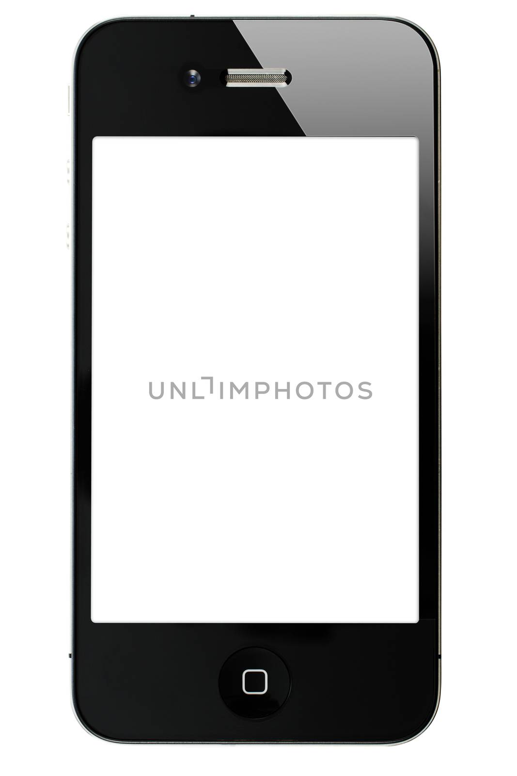 A front view of a black Apple iPhone 4 displaying a blank white screen. This photo was shot in the studio isolated on a white background.