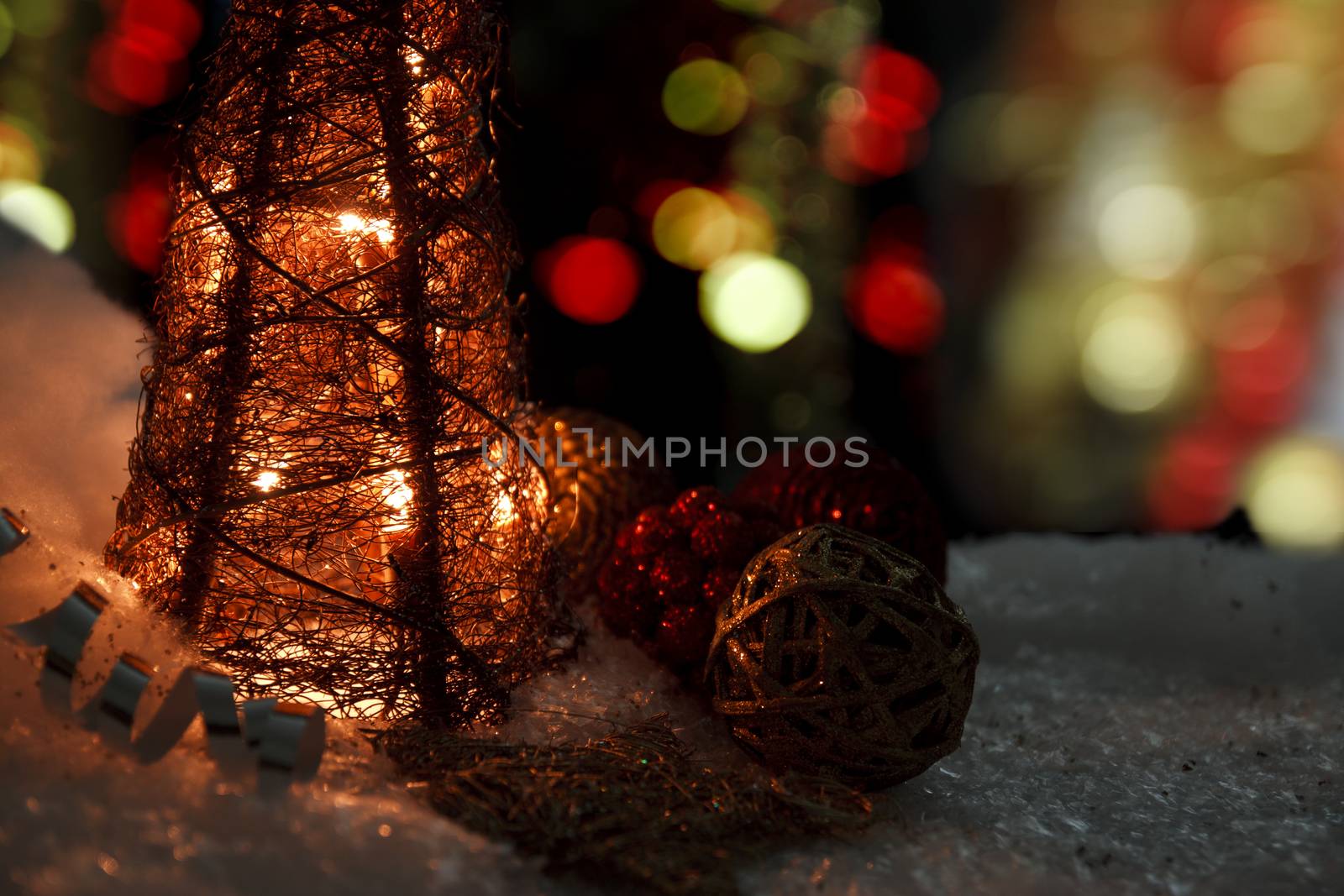 Snow landscape with christmas ornament. Low light