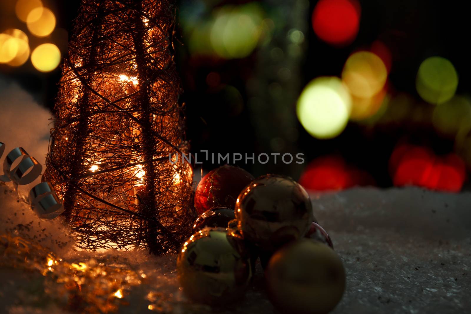 Snow landscape with christmas ornament. Low light