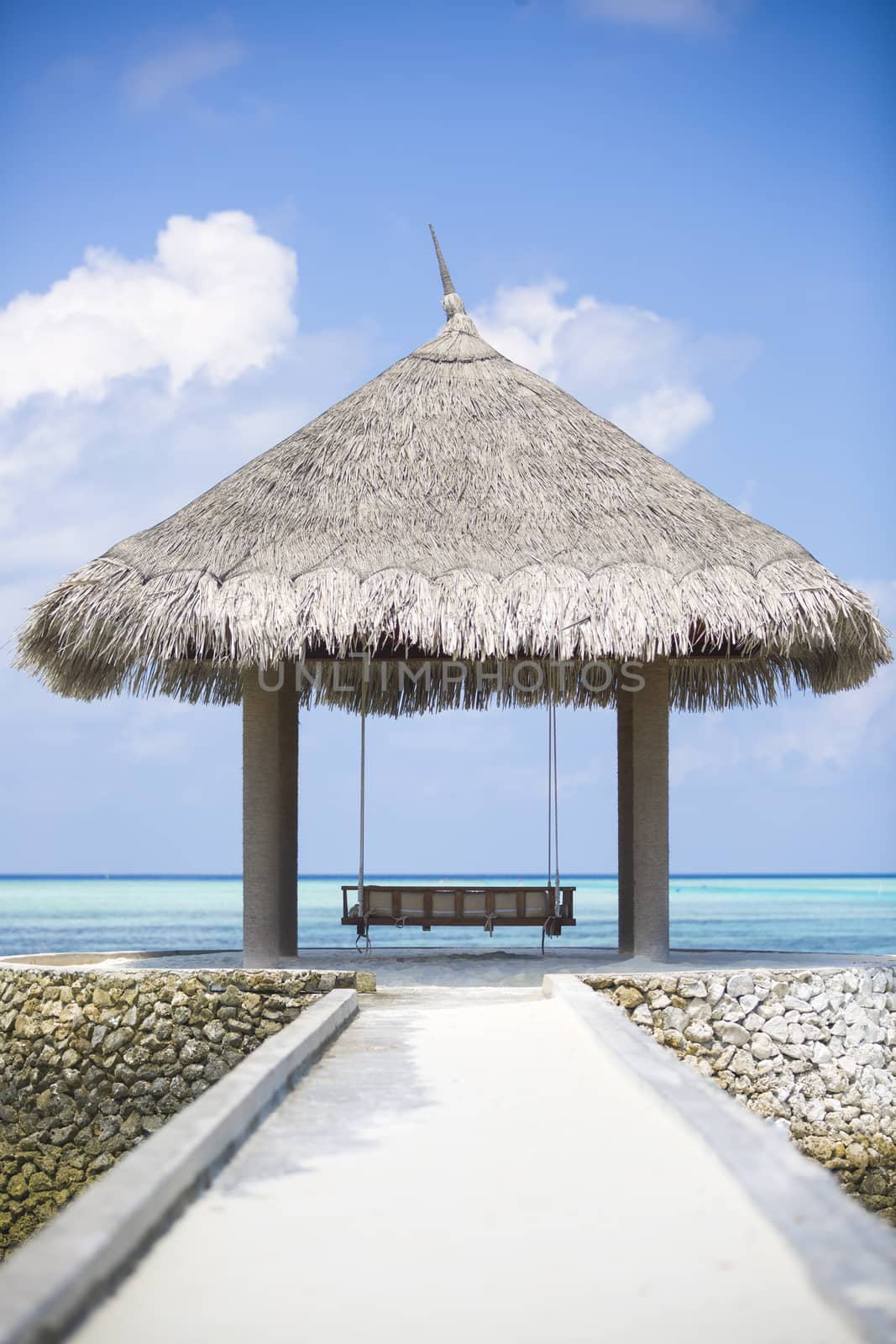 Swing under a tropical beach in Maldives. The hammock is placed to see the sea.