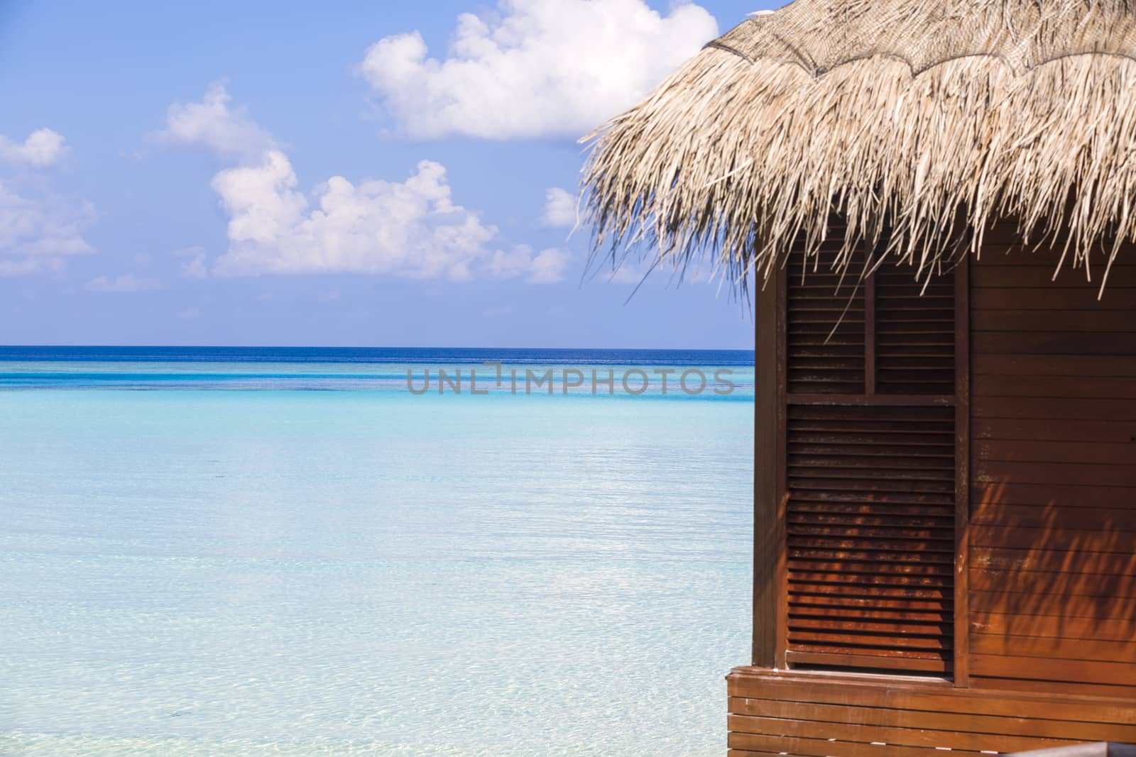 Detail of a bungalow in front of the lagoon in Maldives.