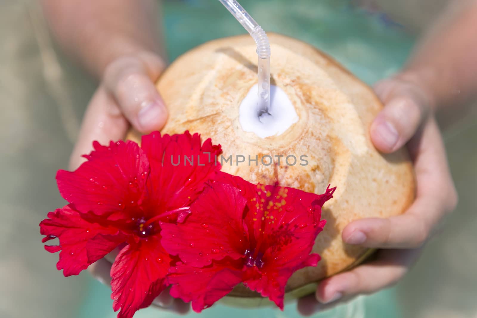 Male hands holding coconut with red flower and a clear straw in the water.