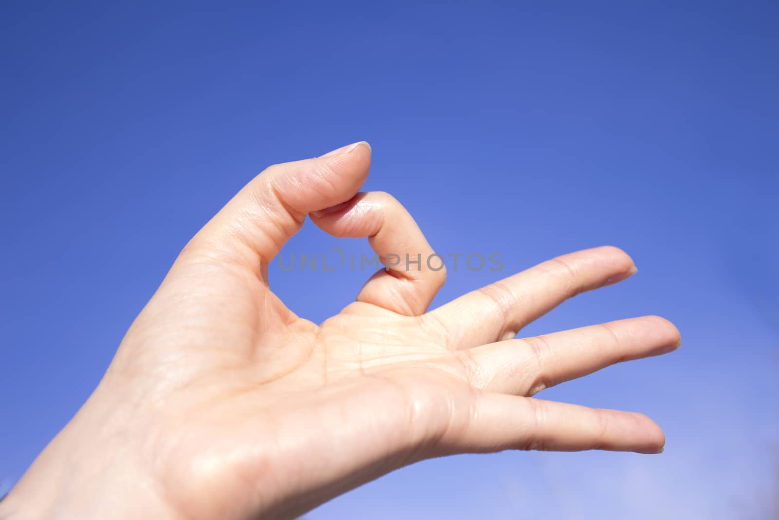 White woman hand gesturing on blue background