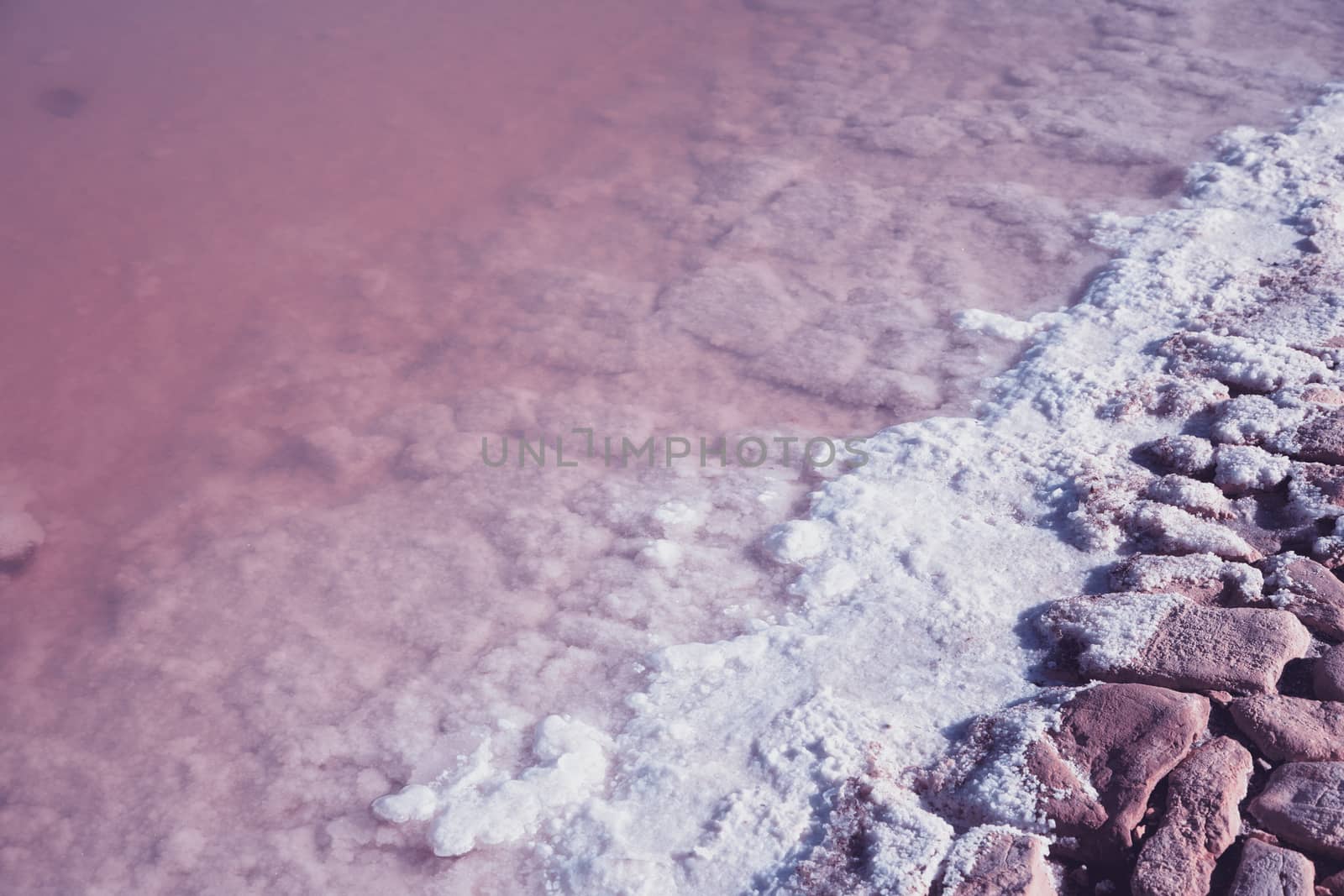Textured of different shapes of rocks of salt in a pink water basin.