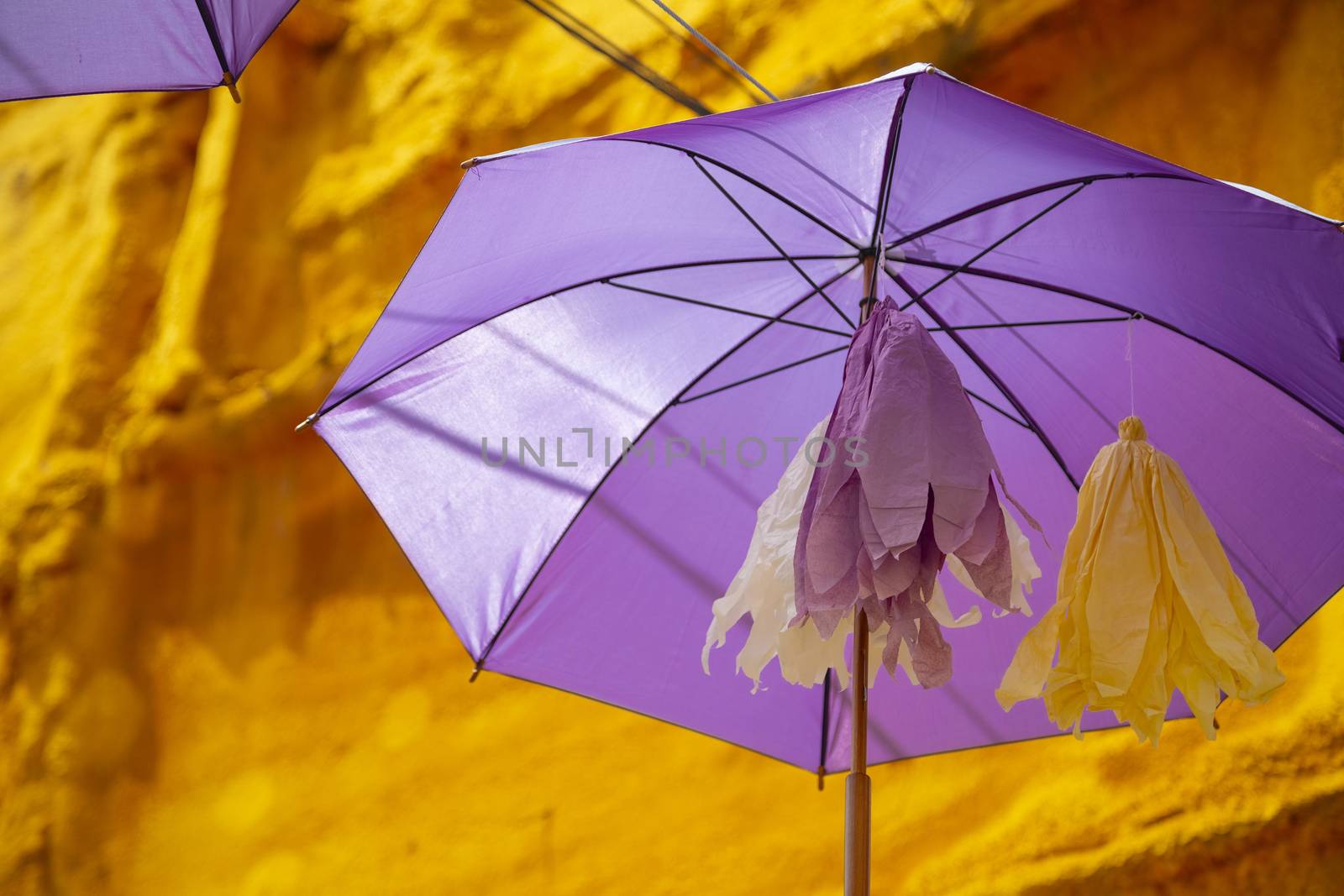 Purple umbrellas hanged in main street in Brihuega, Guadalajara. by Nemida