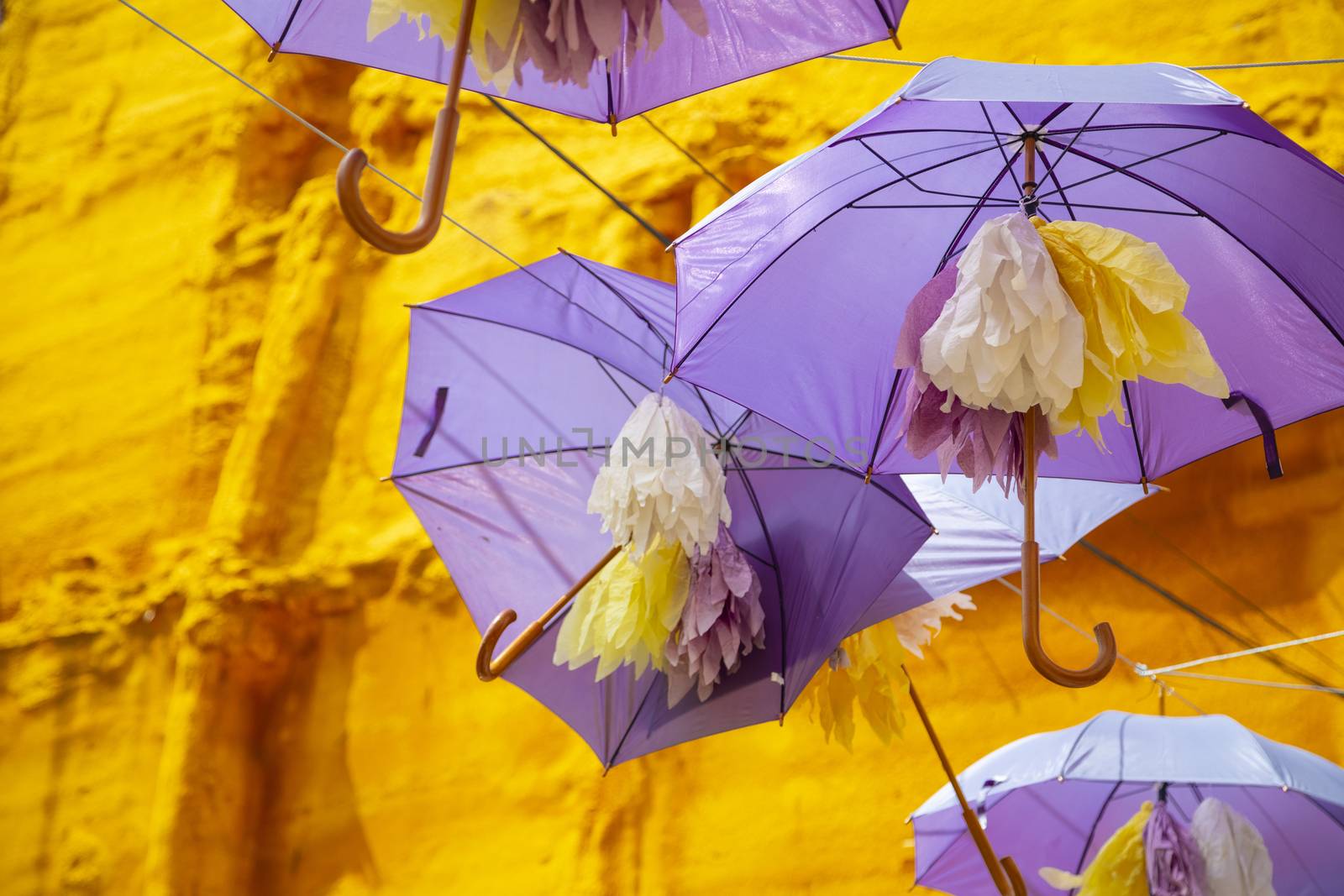 Purple umbrellas hanged in main street in Brihuega, Guadalajara. by Nemida