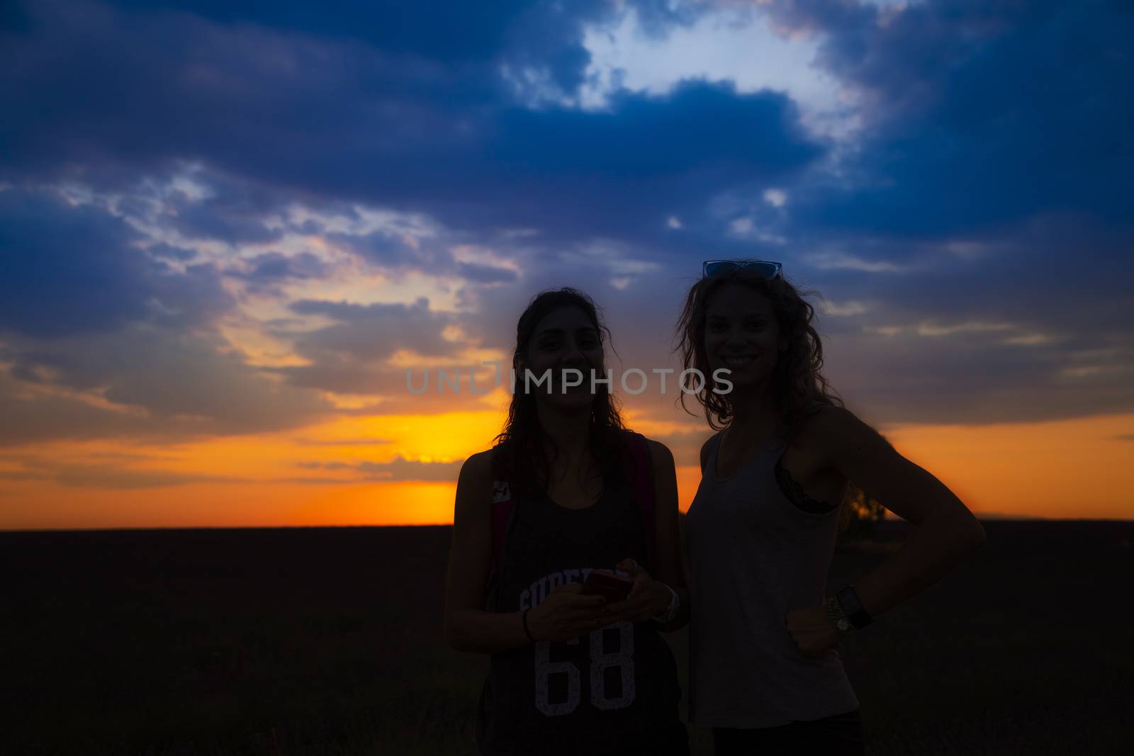 Two friends in front of lavender field at sunset by Nemida