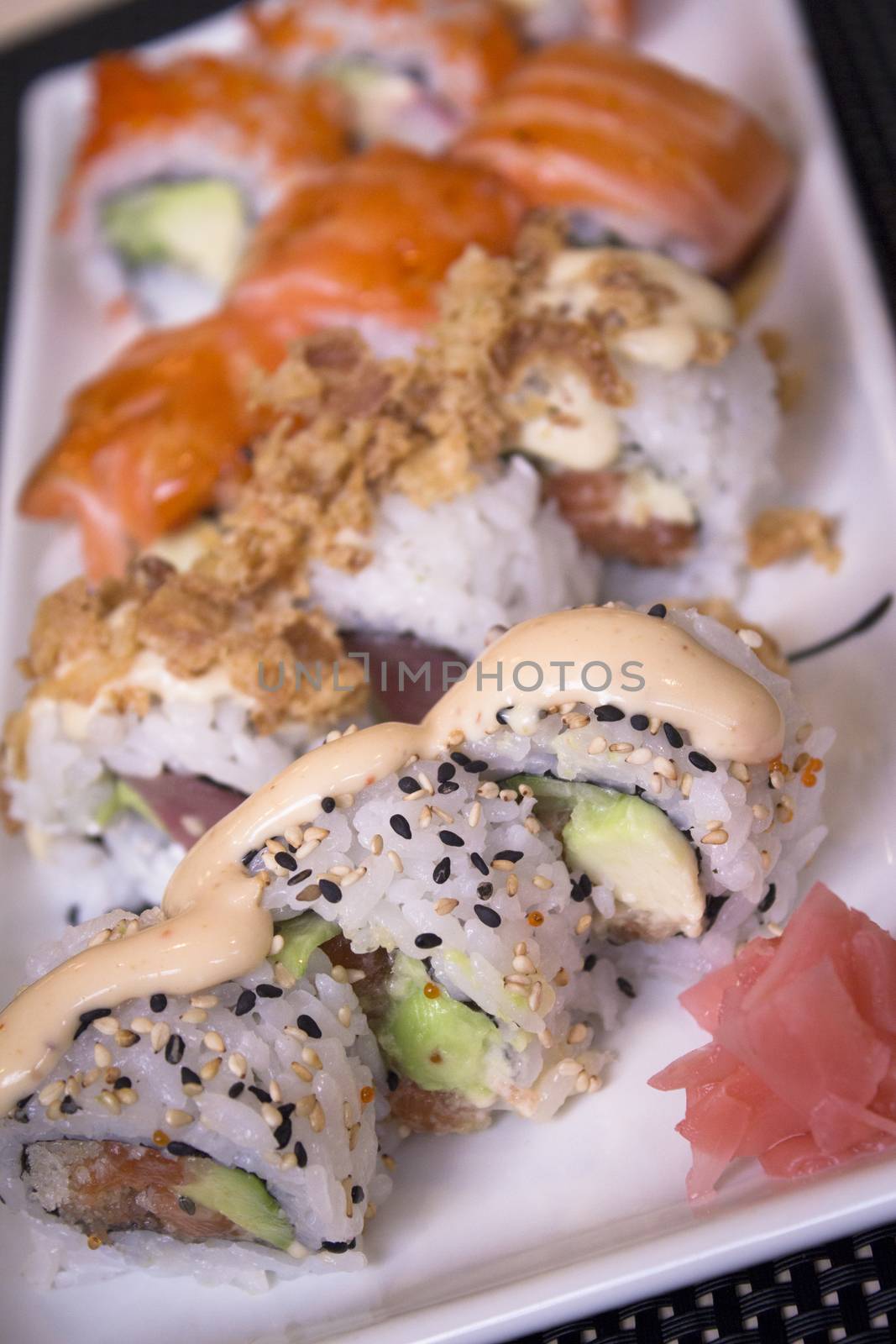 Sushi prepared for eating in restaurant