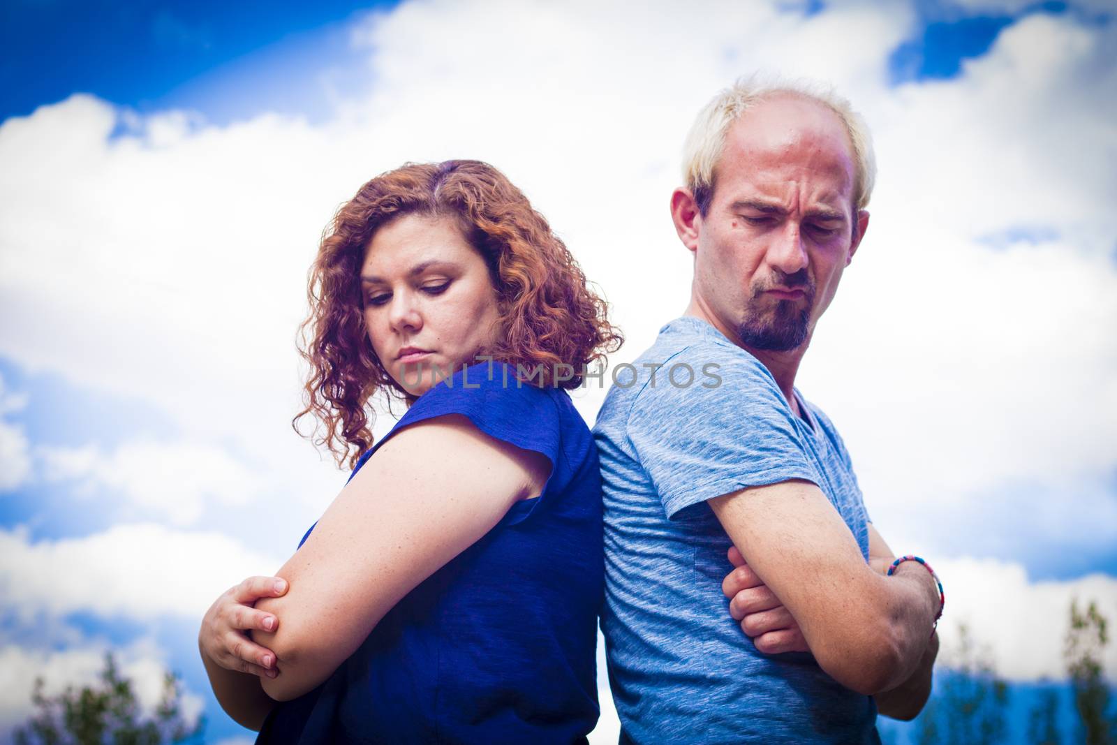 Couple in negative attitude angry transmitting emotional tension
