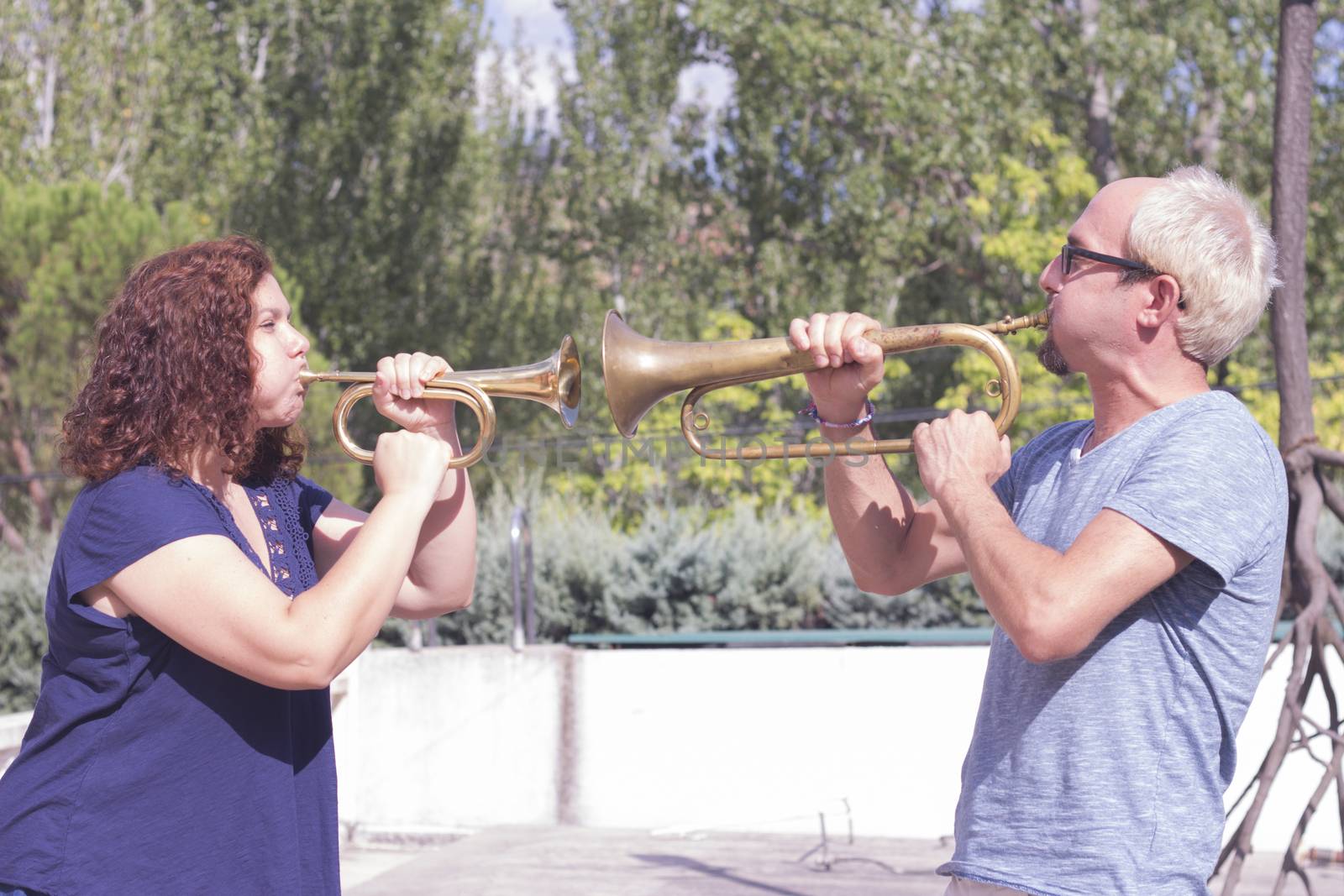 trumpet, man, white, player, black, room, saxophone, people, female, playing, adult, male, play, two, couple, music, instrument, performer, blower, trumpeter, woman, musician, person, girl, portrait, face, hair, golden, holding, hands, musical