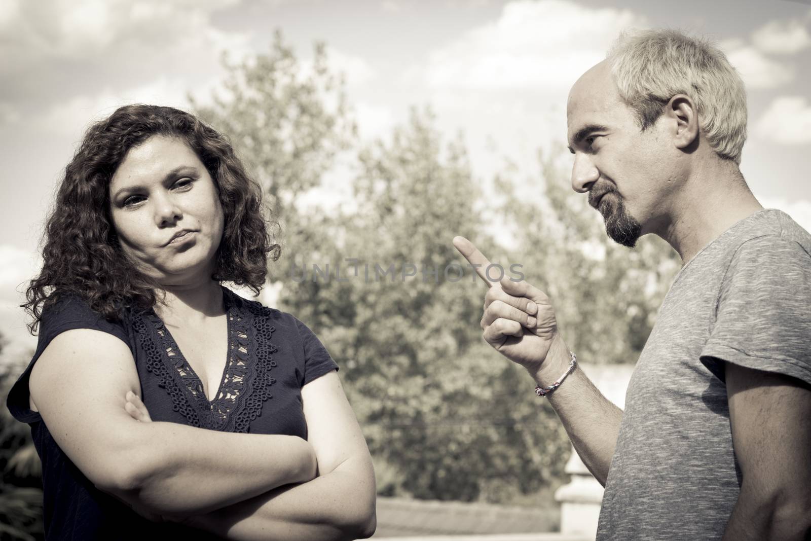 Couple in negative attitude angry transmitting emotional tension