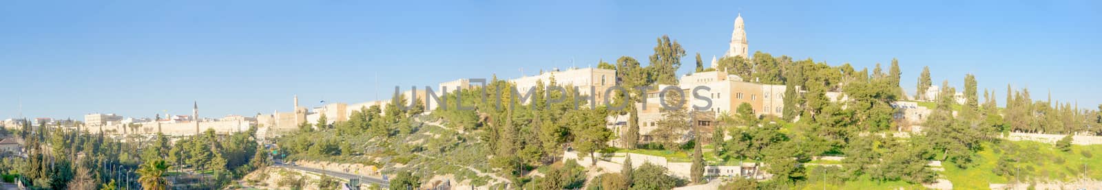 Panoramic view of the old city of Jerusalem, with the wall, tower of David and Mount Zion. Jerusalem, Israel