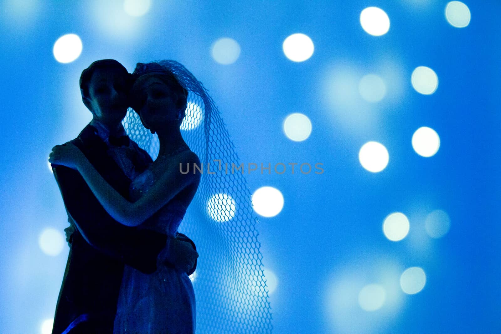 Silhouette of newlyweds on bright background