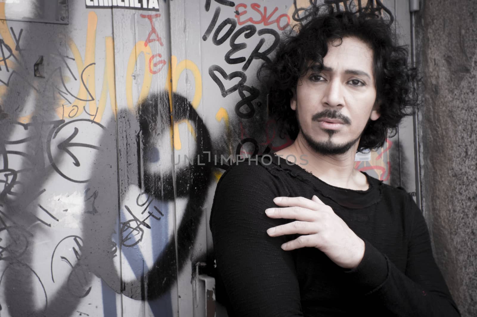 Portrait of man with beard on urban background