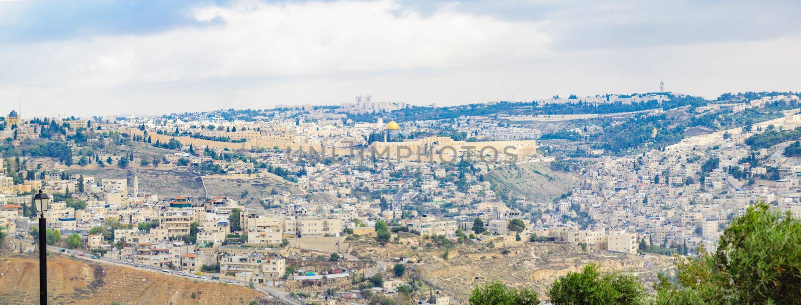 Panoramic view of the old city of Jerusalem from the south, with the walls, al-Aqsa mosque, and the Dormition Abbey. Jerusalem, Israel