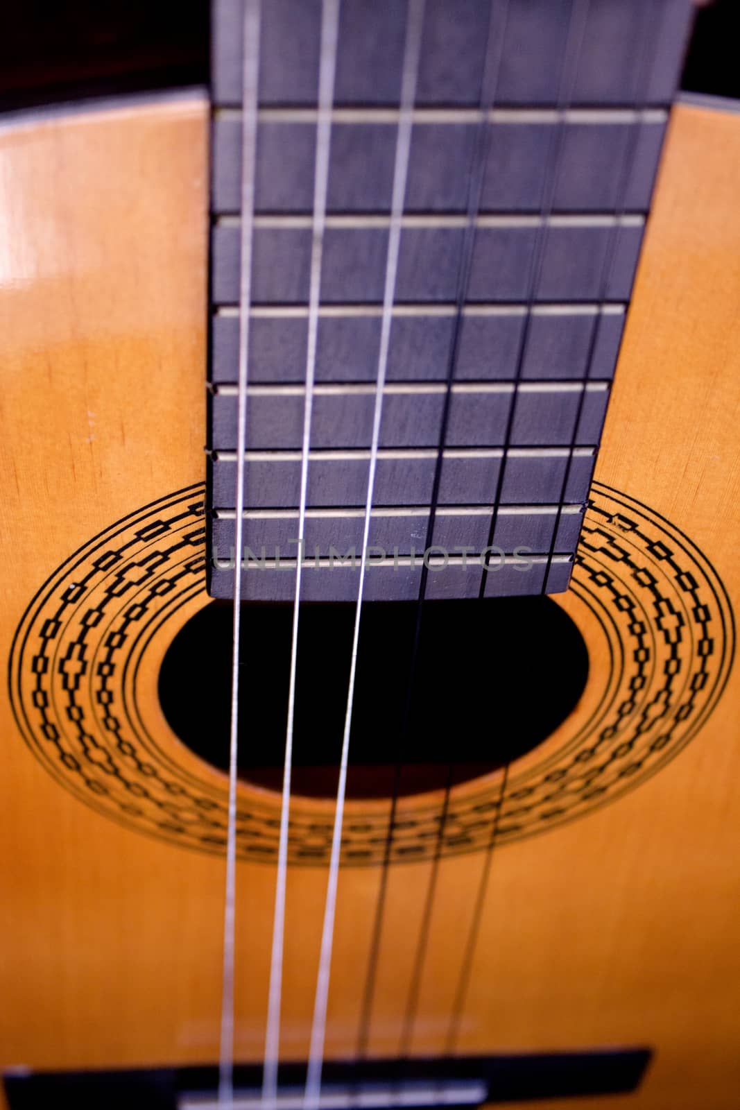 Part of musical instrument with strings. Spanish guitar