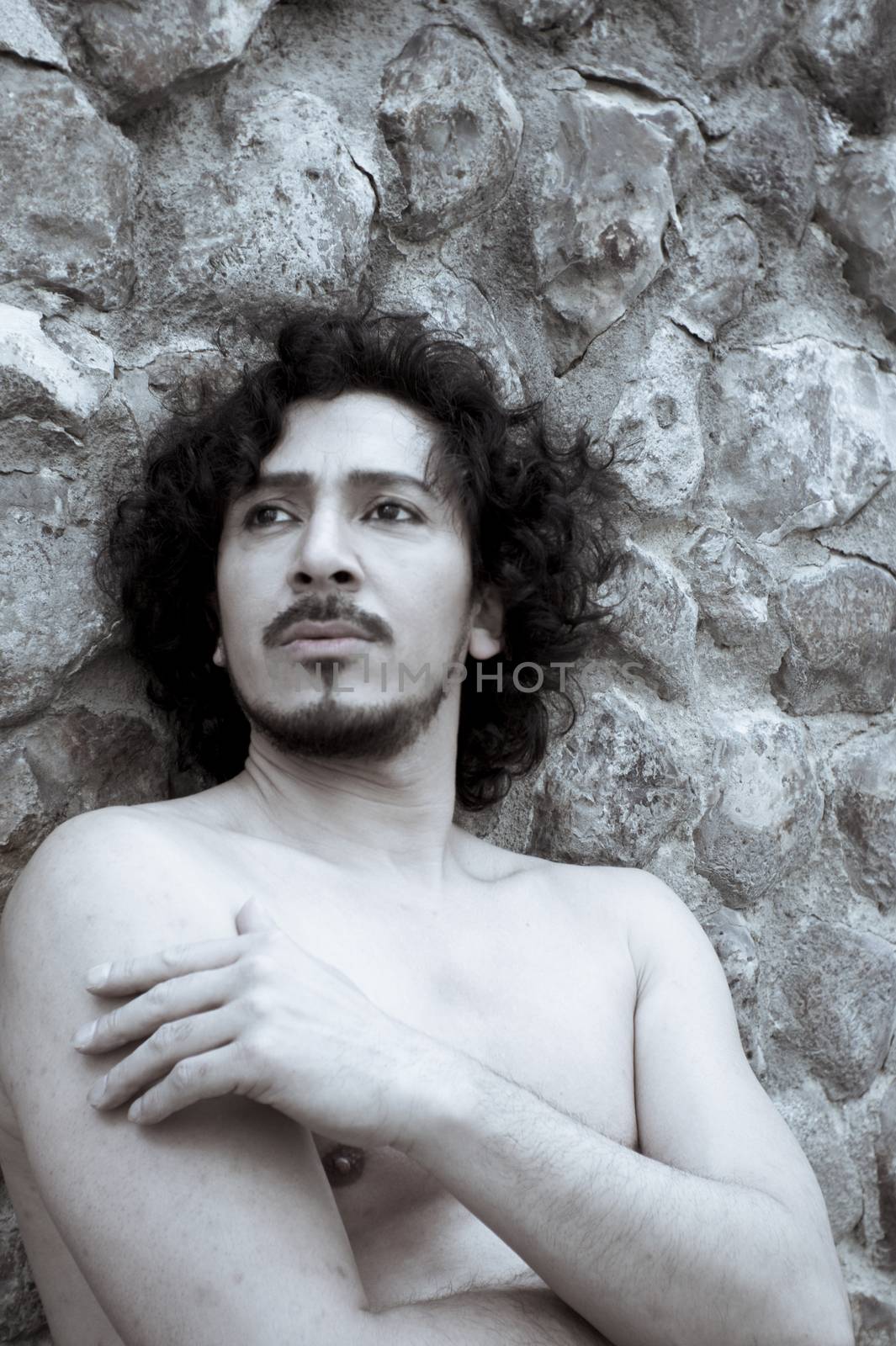 Portrait of man with beard and naked torso. No smile.