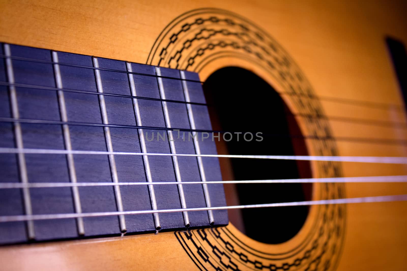 Part of musical instrument with strings. Spanish guitar