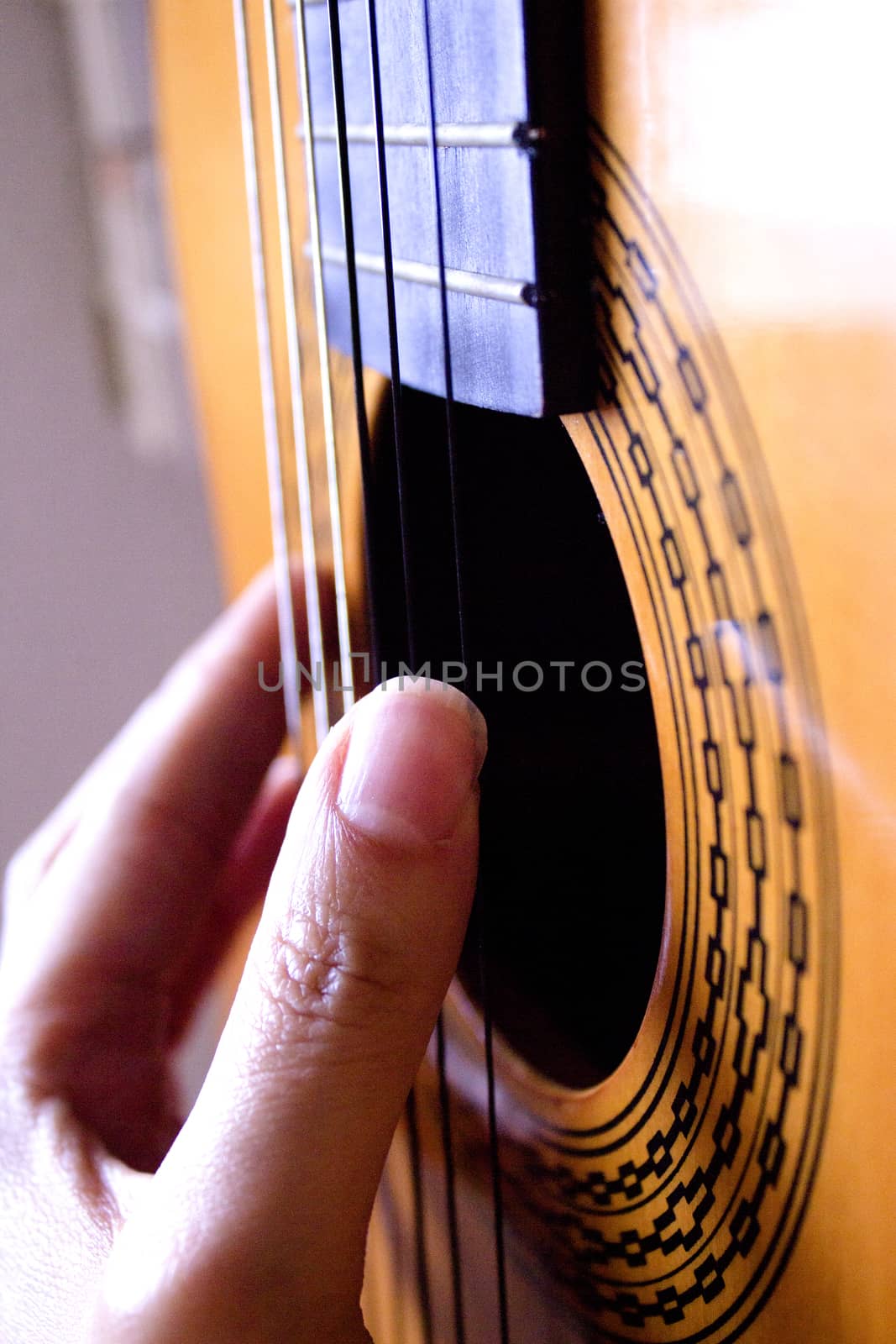 Part of musical instrument with strings. Spanish guitar
