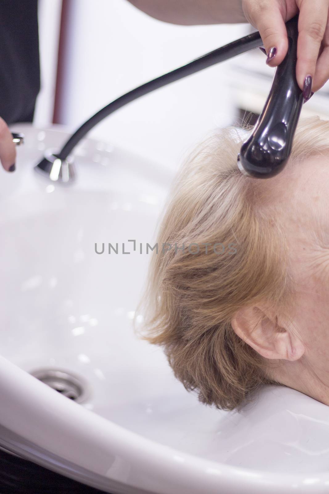 Hairdresser washing the head of a client. Hair not yet wet