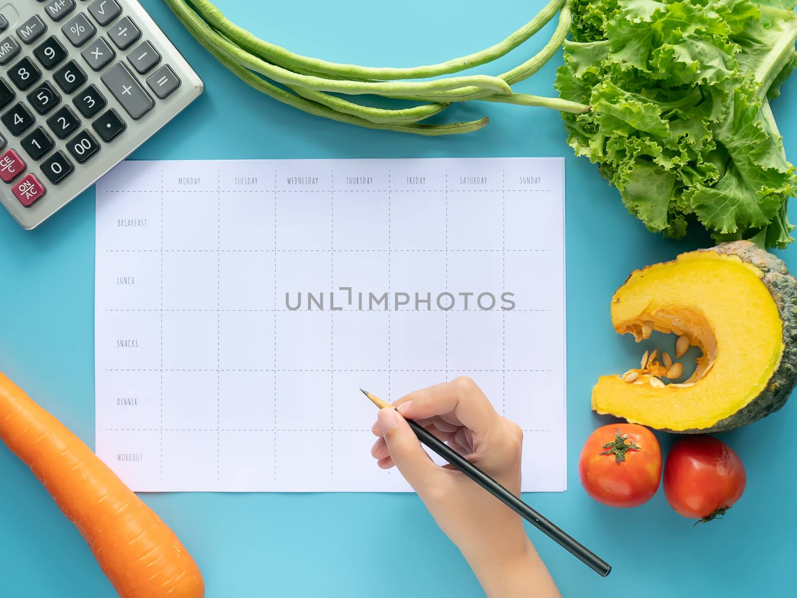 Calories control, meal plan, food diet and weight loss concept. top view of hand filling meal plan on blank paper with calculator and vegetable isolated on blue background by asiandelight