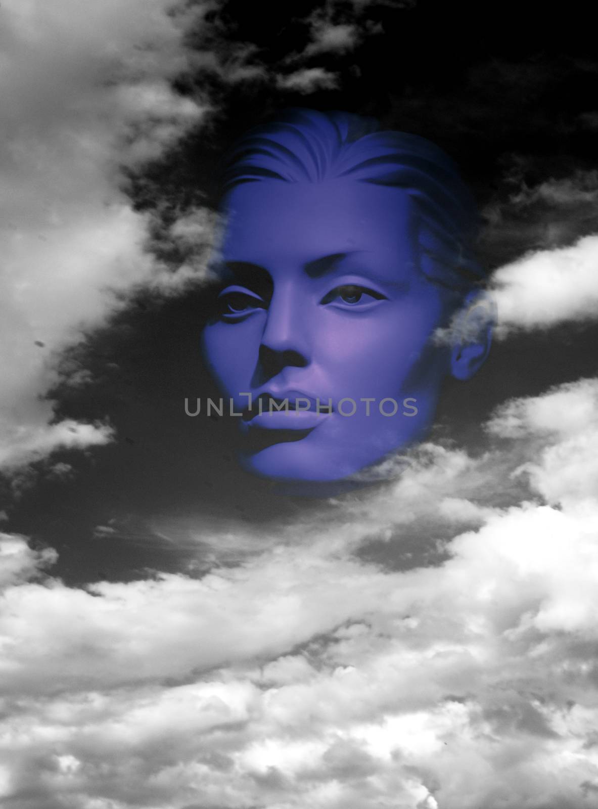 Blue female portrait of a generic mannequin over clouds in black and white. Scene of sadness that leads to deep thought.