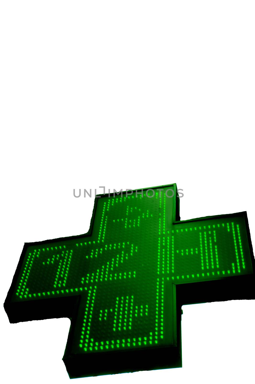 Pharmacy sign indicating open twelve hours. Green cross