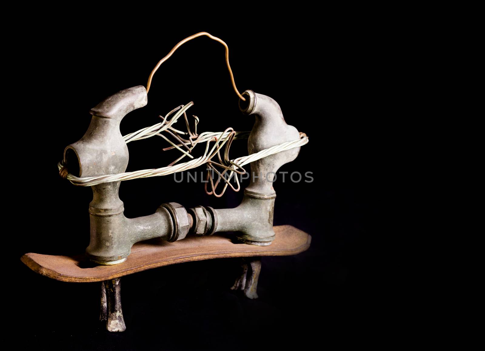Modern sculpture made with recycled materials.  Similar to human emotions and gestures.