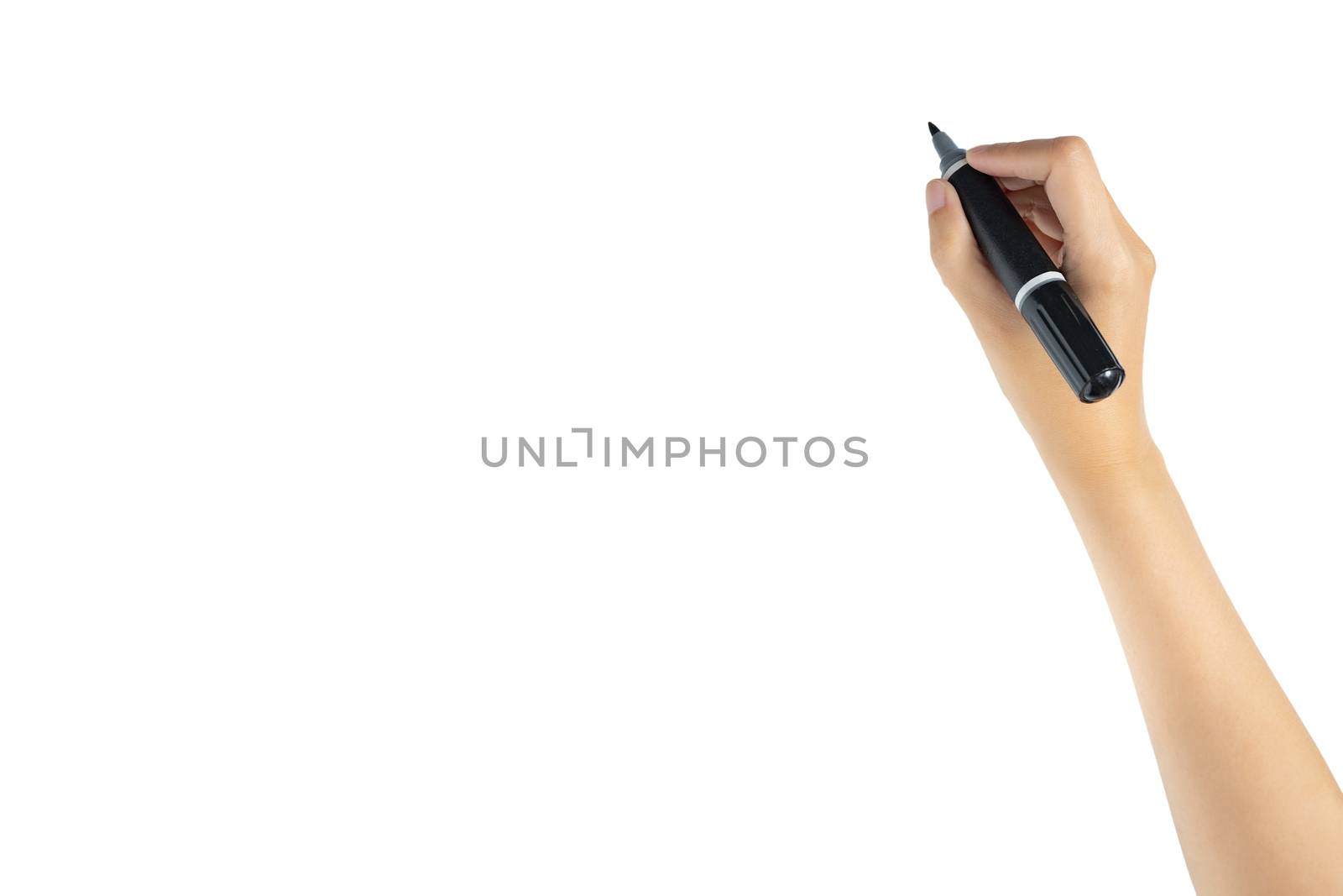 hand holding black magic marker pen ready to writing something isolated on white background with copy space, studio shot by asiandelight