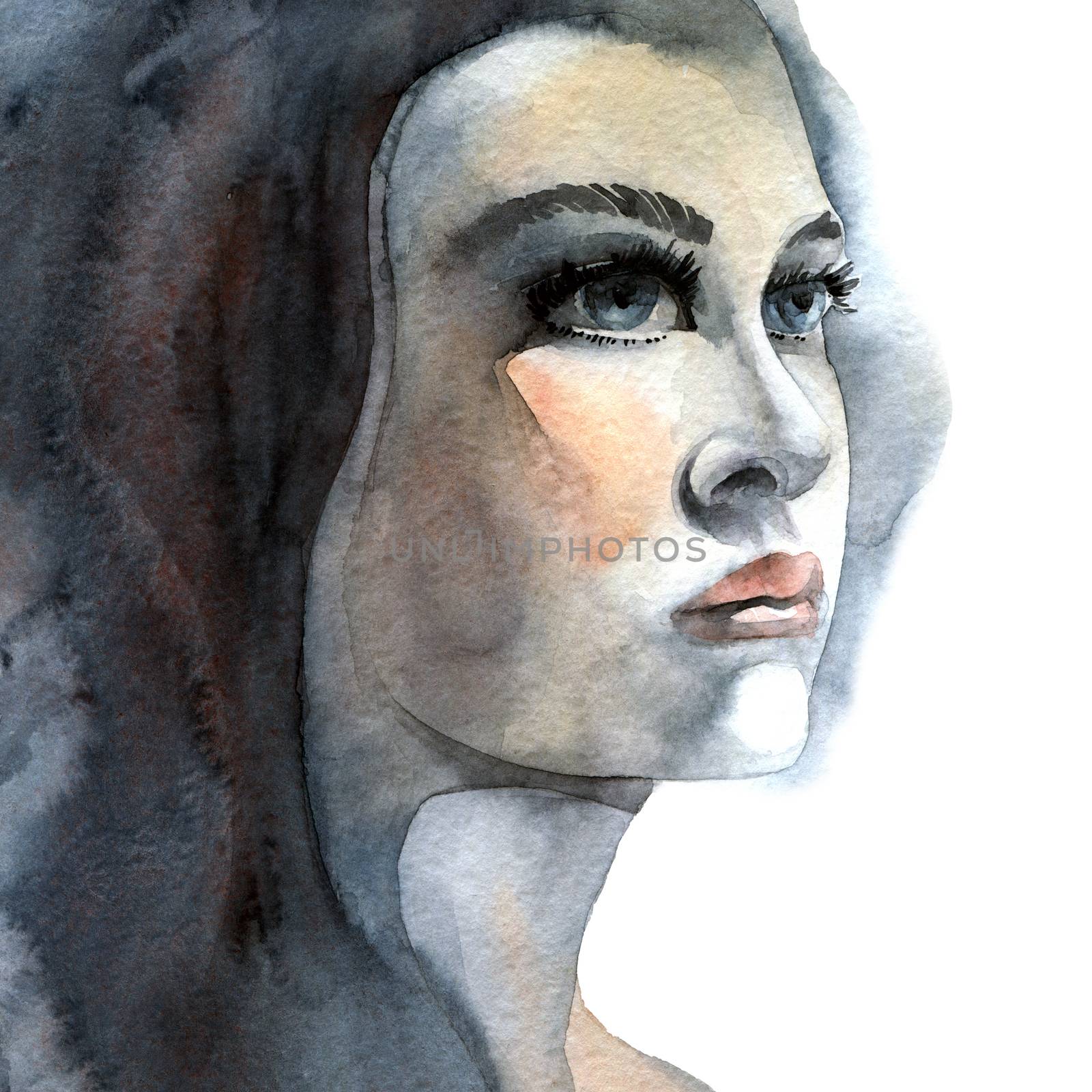 Watercolor painted portrait of beautiful woman with long hair and black long lashes