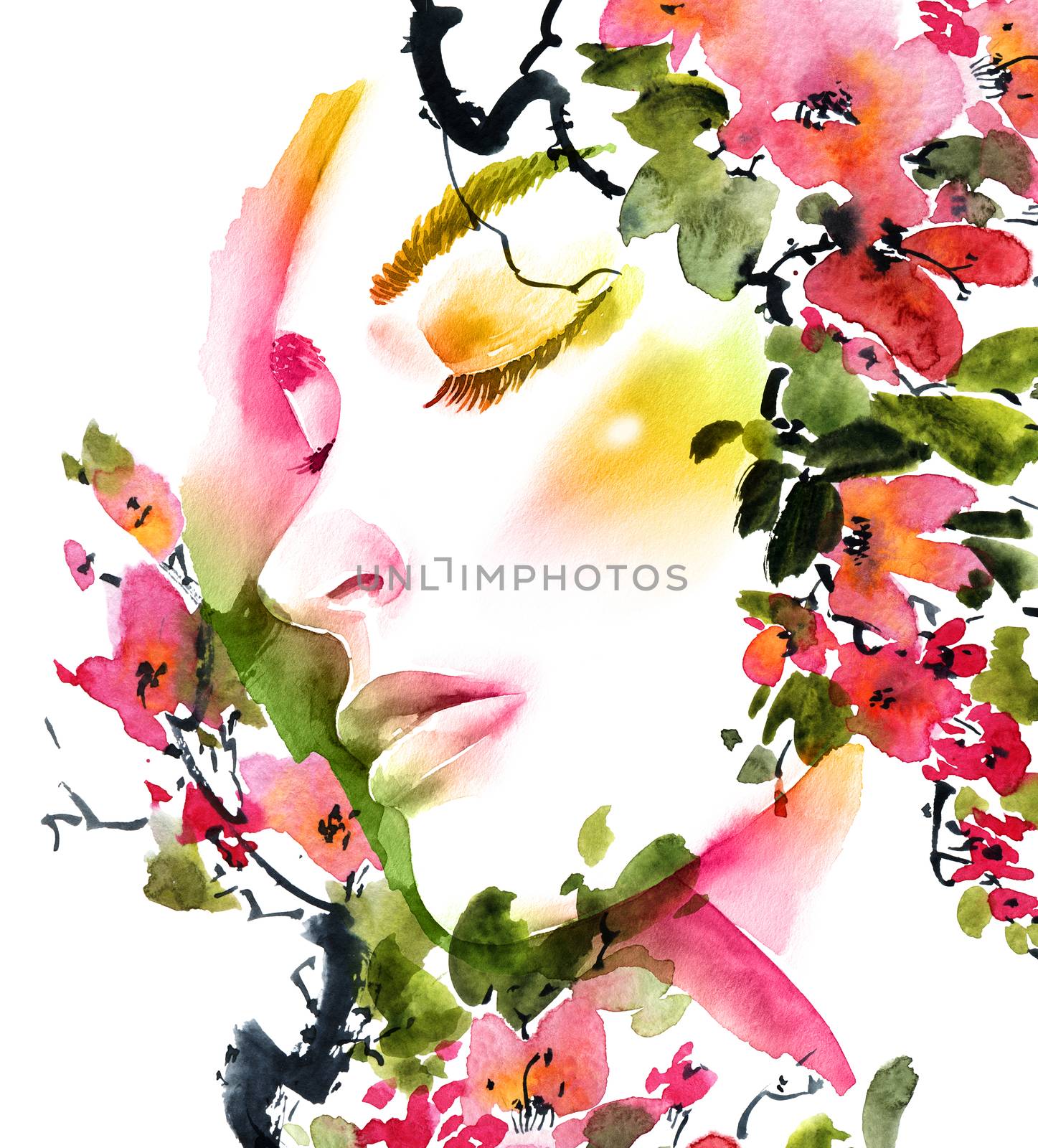 Watercolor painted portrait of beautiful woman with closed eyes among flowers