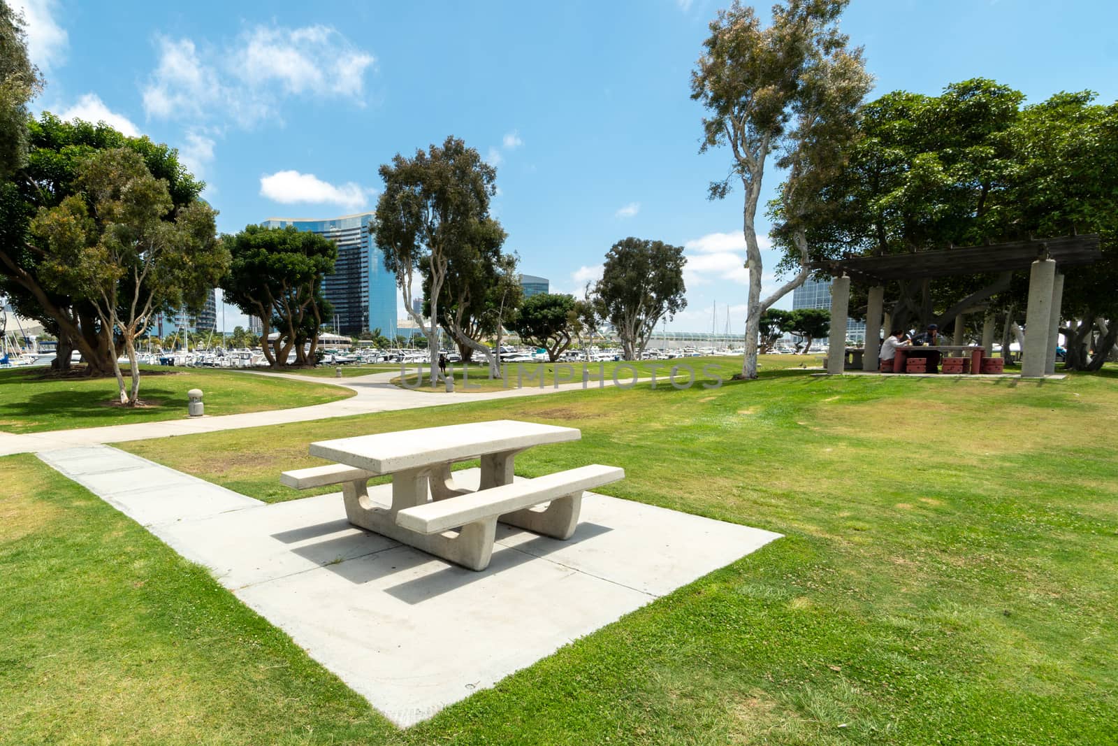 Waterfront public park with benches at the Embarcadero Marina Park South, San Diego by Bonandbon