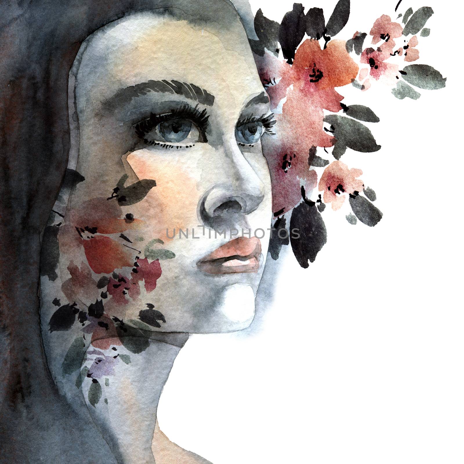 Watercolor painted portrait of beautiful woman among flowers