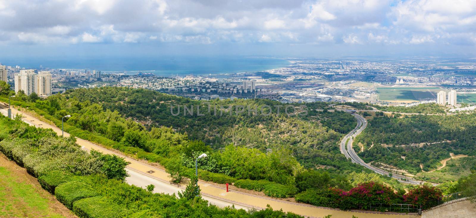 Panoramic view of the bay of Haifa, with downtown Haifa, the harbor, the industrial zone and the slope of Mount Carmel. Viewed from Haifa University. Haifa, Northern Israel