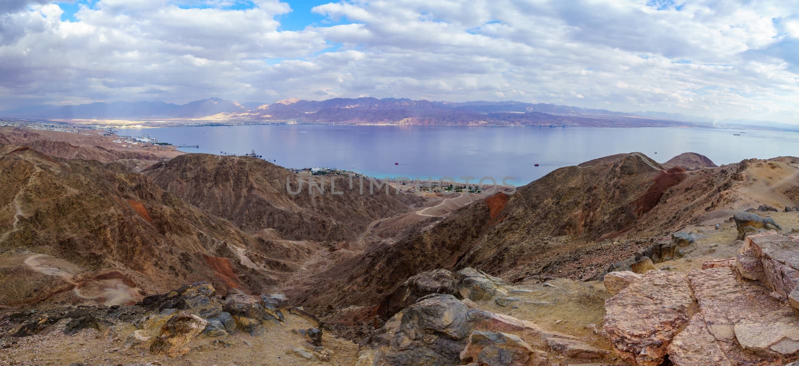 Panoramic view of Mount Tzfahot and the gulf of Aqaba. Eilat Mountains, southern Israel and Jordan
