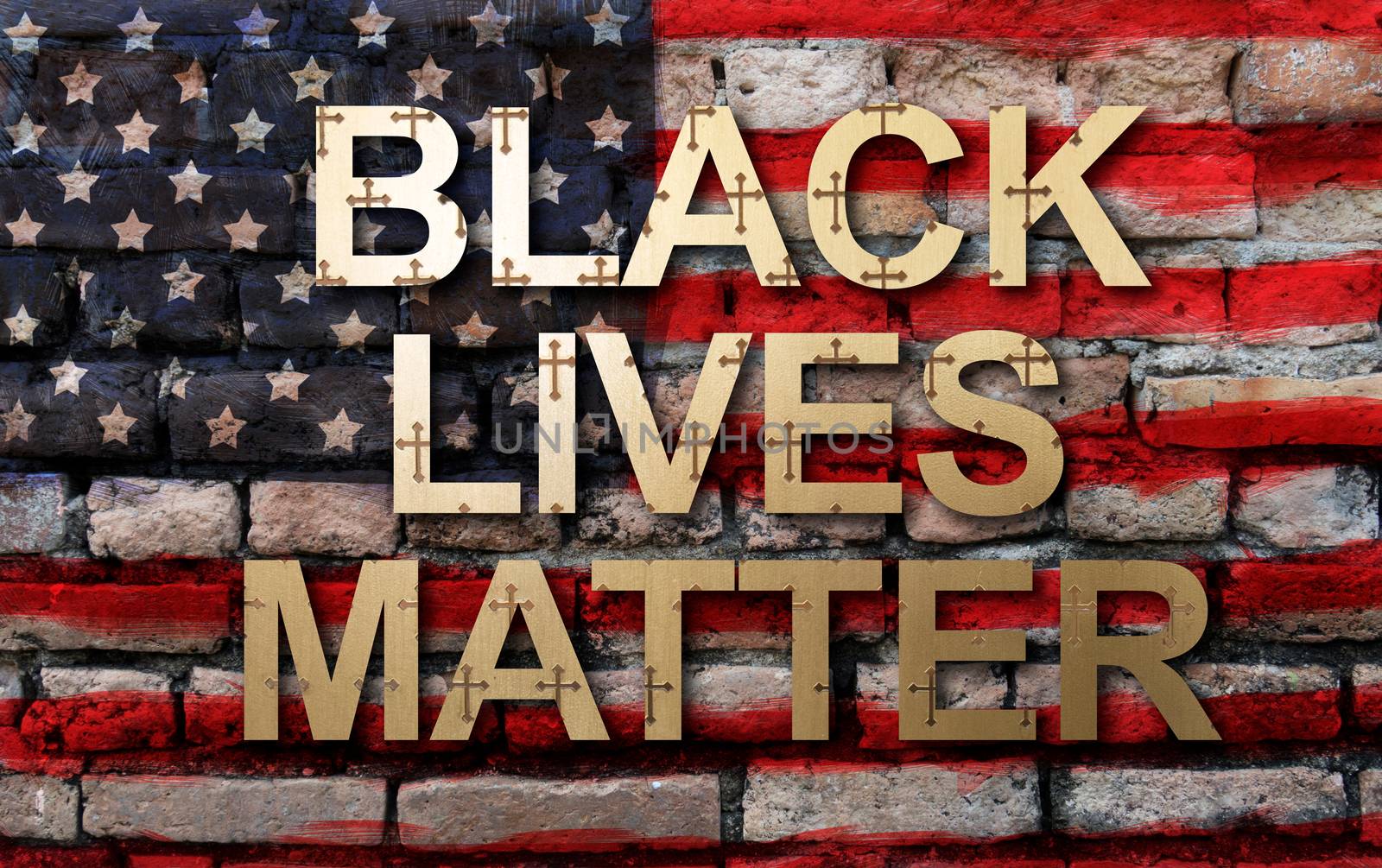Black lives matter slogan on American flag, wall background