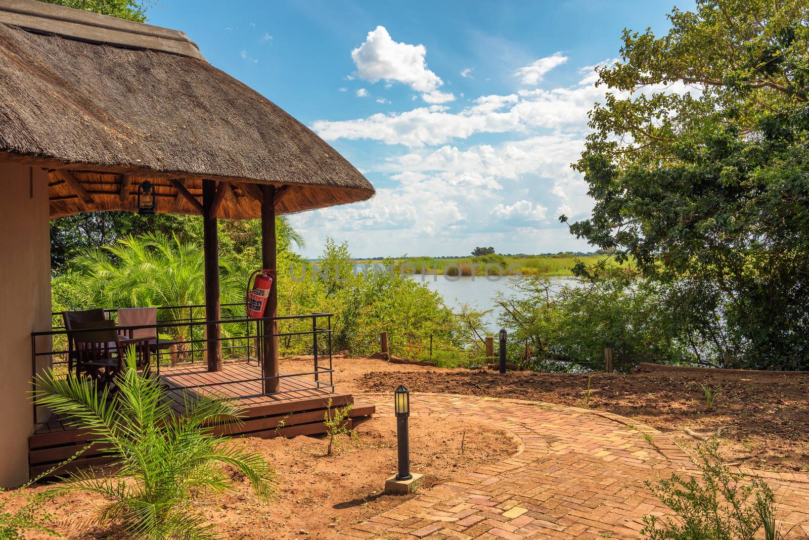 Kasane, Botswana - April 7, 2019 : Chalet at the Chobe Safari Lodge in Kasane. This lodge is situated on the banks of the Chobe River at the border of Chobe National Park.