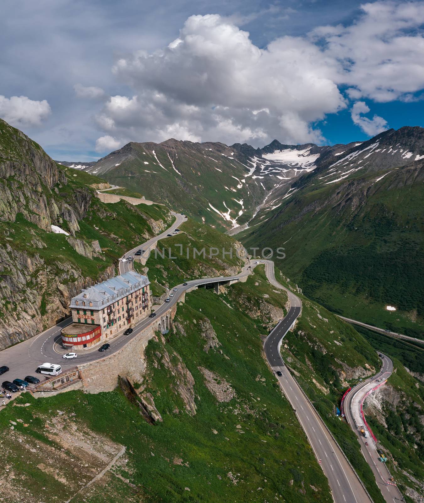 Aerial view of the closed mountain hotel Belvedere in Furka Pass, Switzerland by nickfox