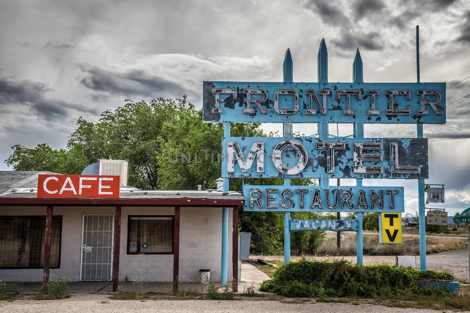 TRUXTON, ARIZONA, USA - MAY 18, 2016 : Abandoned Frontier Motel, Cafe and vintage neon sign on historic Route 66 in Mohave County, Arizona