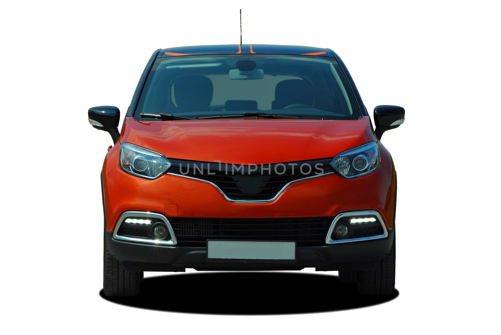 front view of passenger car on a white background