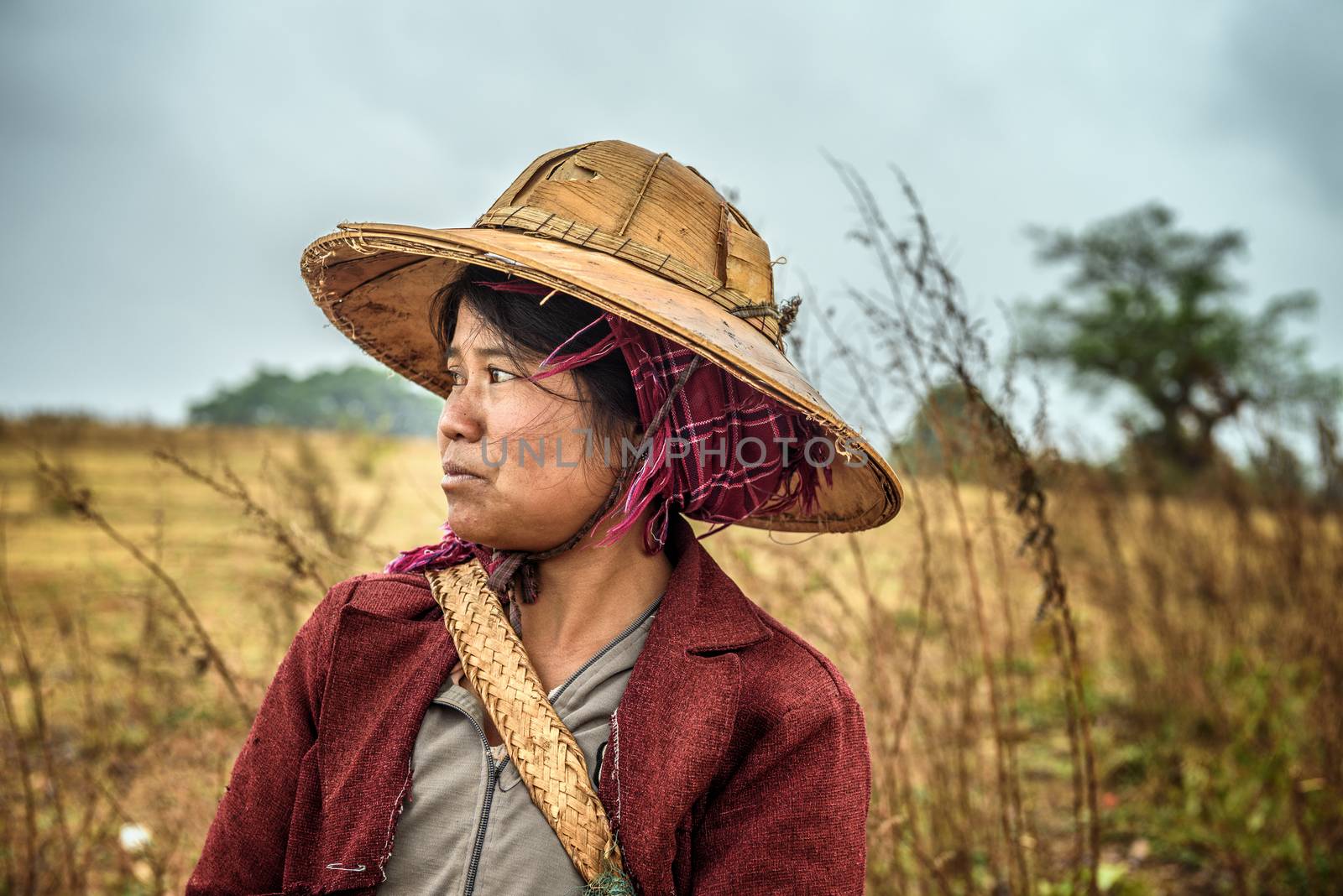 SHAN, MYANMAR - JANUARY 25, 2016 : Portrait of a young female farmer working in a field