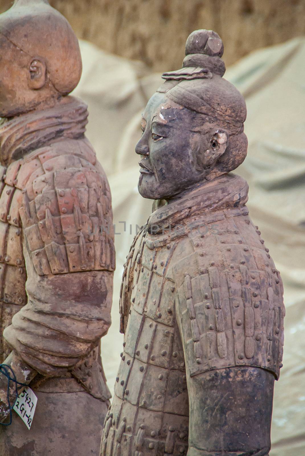 Side chest closeup of soldier at Terracotta Army excavation hall by Claudine