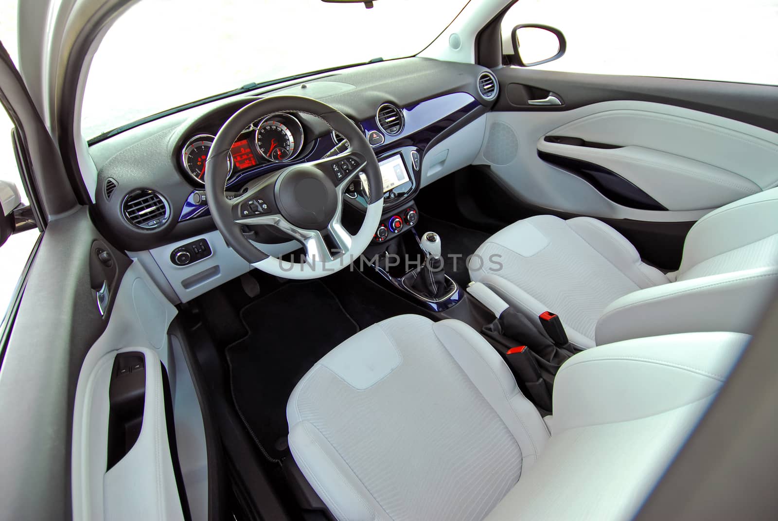 studio shot passenger car interior, front view