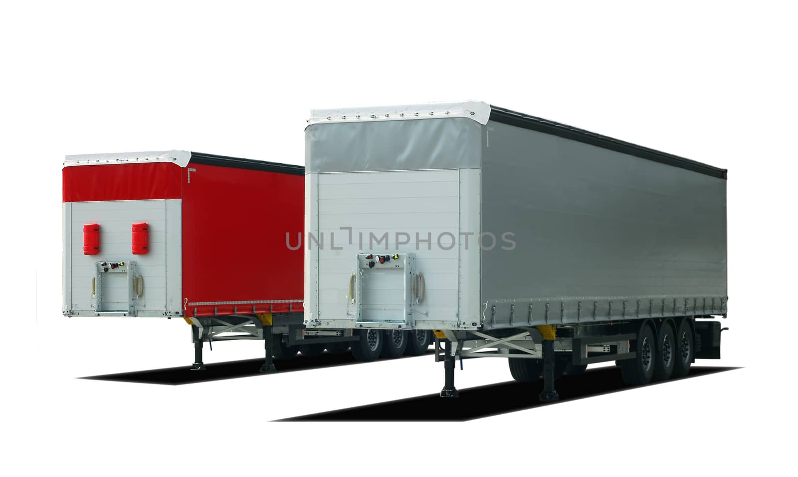 two parked semi trailer truck on a white background