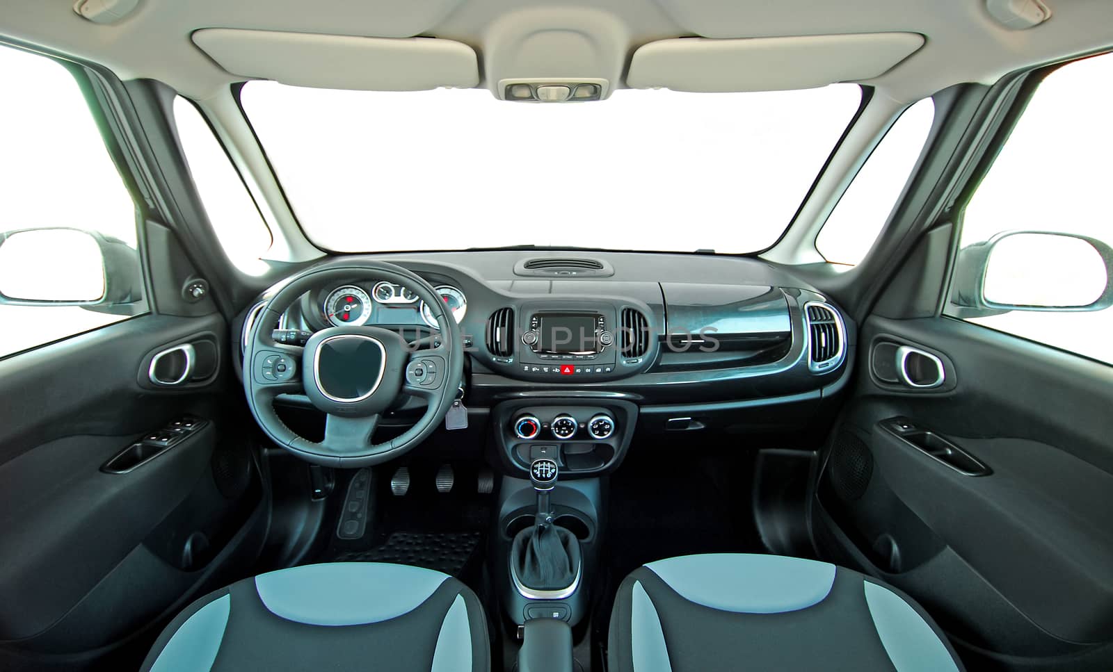 studio shot passenger car interior, front view