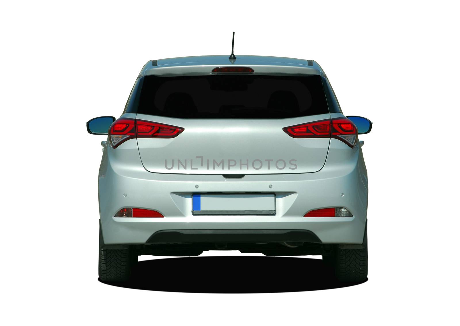 white hatchback on white background, rear View