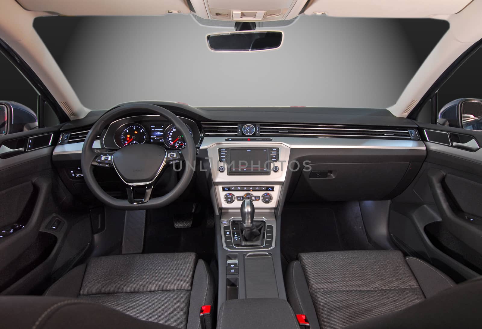 studio shot passenger car interior, front view
